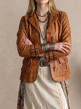 Danier Women’s Cognac Leather Aviator Jacket - Distressed Boho Style - Size XS